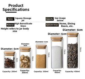 Size chart for square borosilicate glass jars with bamboo lids showing five different heights