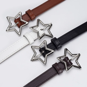 Women's thin leather belts with silver star buckles in camel, white, black and brown