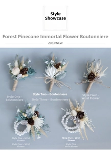 Detailed view of woodland pine cone boutonniere and dried flower wrist corsage set