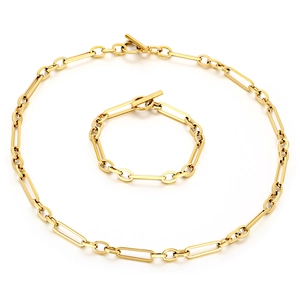 Parure collier et bracelet maille trombone en acier inoxydable doré avec fermoir en T