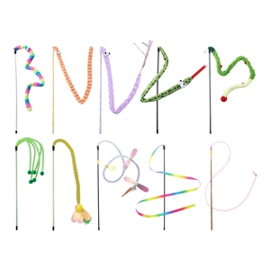 10-piece cat wand toy set with feathers, rainbow worms, and bells on a clean white background