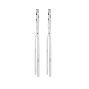 Detail view of silver long tassel earrings with twisted woven design and dangling chain fringe
