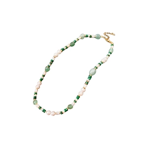 Handcrafted malachite and pearl necklace with gold accents and vintage stone beads