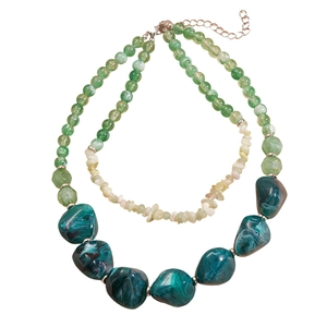 Double-layered acrylic geometric necklace with green resin stones and silver metal chain