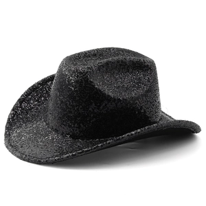 Detailed close-up showing the shiny black sequins and texture on a western cowboy hat