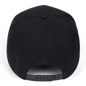 Detailed back view of a black baseball cap with an adjustable plastic snapback closure