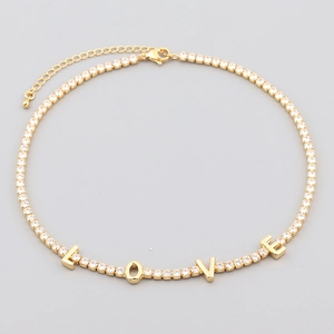 18K gold plated LOVE letter necklace with zircon pavé stones and square links