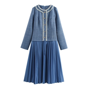 Elegantes Französisches Vintage Tweed Kleid Langarm Rundhals Künstliche Perlenbesetzt Lagenlook Plissiertes Maxikleid Für Damen