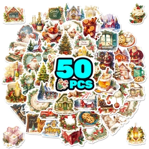 50 PCS cartoon Christmas stickers set with watercolor Santa and holiday illustrations