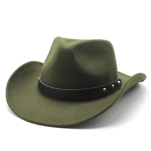 Detailed view of olive green felt cowboy hat with silver studded black leather band