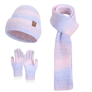 Pink purple gradient knitted 3-piece set with hat, scarf, and touchscreen gloves