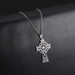 Hip hop style hollow Celtic cross pendant necklace with polished silver chain