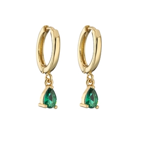 Elegant gold hoop earrings with pear-shaped green zircon pendants in a polished finish