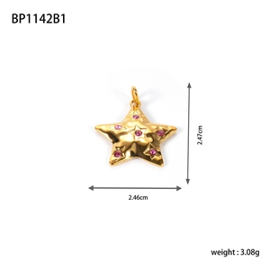 Detailed view of a gold star pendant with pink rhinestones including dimensions and weight