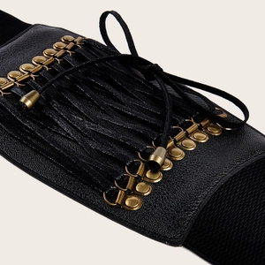 Women's black elastic wide corset belt with front lace-up design and bronze eyelets