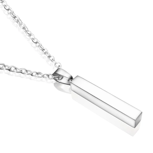 Detailed view of silver stainless steel rectangular bar pendant on O-chain with reflection
