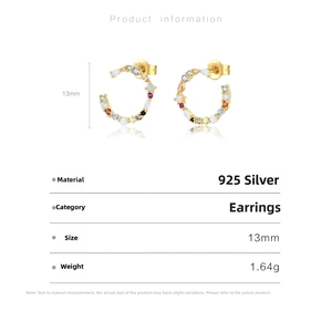 Detail of 925 sterling silver C-shaped earrings with colorful opal and zircon stones