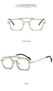 Detailed front and side views of silver polygonal metal frame glasses with clear lenses
