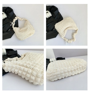 Detailed views of beige ruched shoulder bag showing bubble texture and unified strap