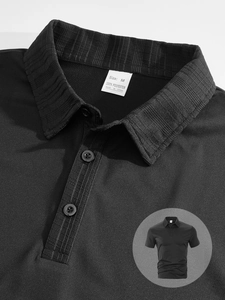 Close-up of black polo shirt collar detail with breathable polyester fabric texture