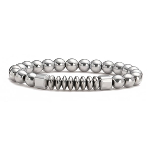 Neutral stainless steel beaded bracelet featuring silver round beads and cross elements
