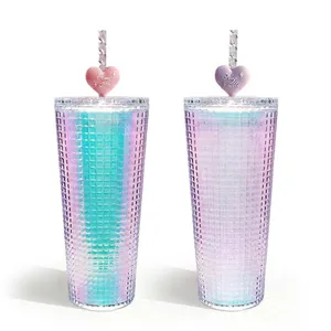 Diamond textured gradient laser tumblers with heart straw charms in blue and purple
