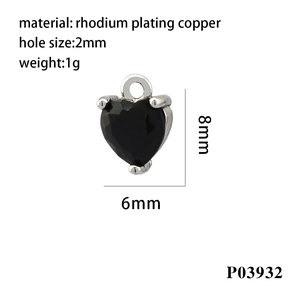 Detail of 8x6mm black heart pendant with rhodium plated copper and silver-tone finish