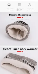 Detail view of winter knitted hat and scarf set with thick white fleece lining for warmth