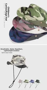 Detail of kids camo sun hat featuring adjustable wind rope and various color options