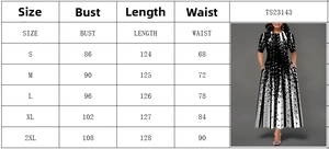 Size chart showing bust, length and waist for the gradient print short sleeve dress
