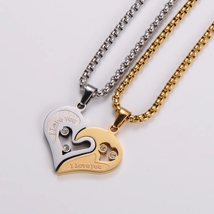 Couples heart pendant necklace set with crystal inlay and engraved I love you message