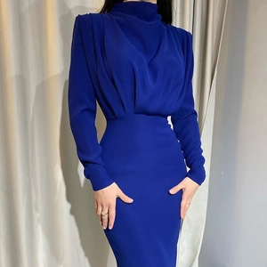 Elegant royal blue slim fit maxi dress featuring a high neck and gathered waist details