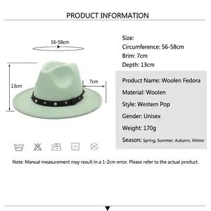Mint green wool fedora hat with a black studded leather belt buckle and wide brim