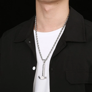 Silver hammer pendant necklace shown on male model with black shirt and twist chain