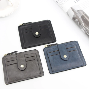 Slim leather card holder with multiple slots and metal zipper in black, blue, and gray