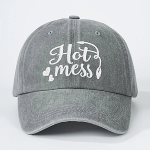 Vintage gray washed denim baseball cap featuring white Hot Mess heart embroidery