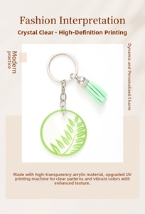 Detail of acrylic leaf pattern keychain with matching mint green tassel and silver ring