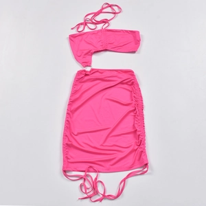 Detail of rose pink halter neck cutout two-piece dress with drawstring ruching