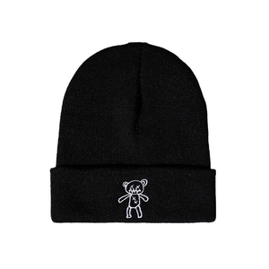 Bonnet en tricot noir avec broderie ours punk, doté d'un large revers et d'une texture douce