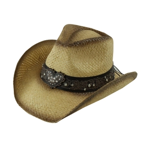 Retro straw cowboy hat with heart rhinestone buckle and vintage floral carved band