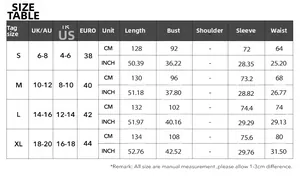 Detailed size chart for women's casual holiday dress showing UK, US and EURO measurements