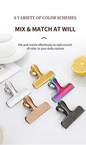 Macro detail of brushed stainless steel clips in gold, rose gold, and black finishes