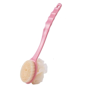 Pink long-handled bath brush with soft bristles and integrated mesh sponge for back cleaning