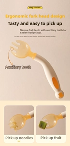 Detail of ergonomic PPSU baby fork with specialized teeth for noodles and fruit