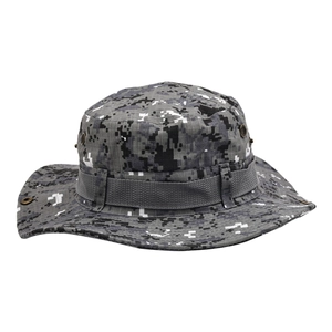 Grey digital camouflage boonie hat for hiking with wide brim and tactical webbing
