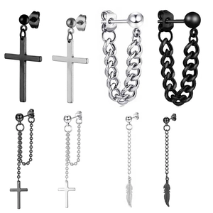 Stainless Steel Stud Earrings With Cross Feather Pendant Chain Punk Gothic Style Jewelry For Women Men