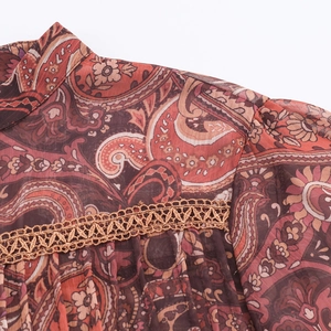 Bohemian paisley print chiffon blouse in vintage red brown with lace trim detailing