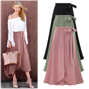 Elegant high-waisted wrap skirt with tie-waist detail in three solid colors and maxi length