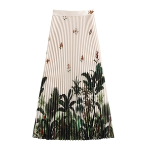 Gonna midi a pieghe bohémien bianco off-white con stampe botaniche tropicali