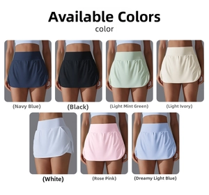 Collage of high-waist tennis skirts showing seven colors like navy, rose pink and ivory